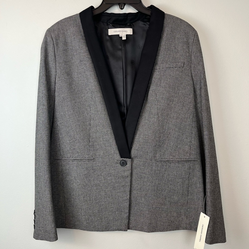 NWT Gerard Darrel Wool Blend Gray Black Micro Houndstooth Blazer US Sz 8